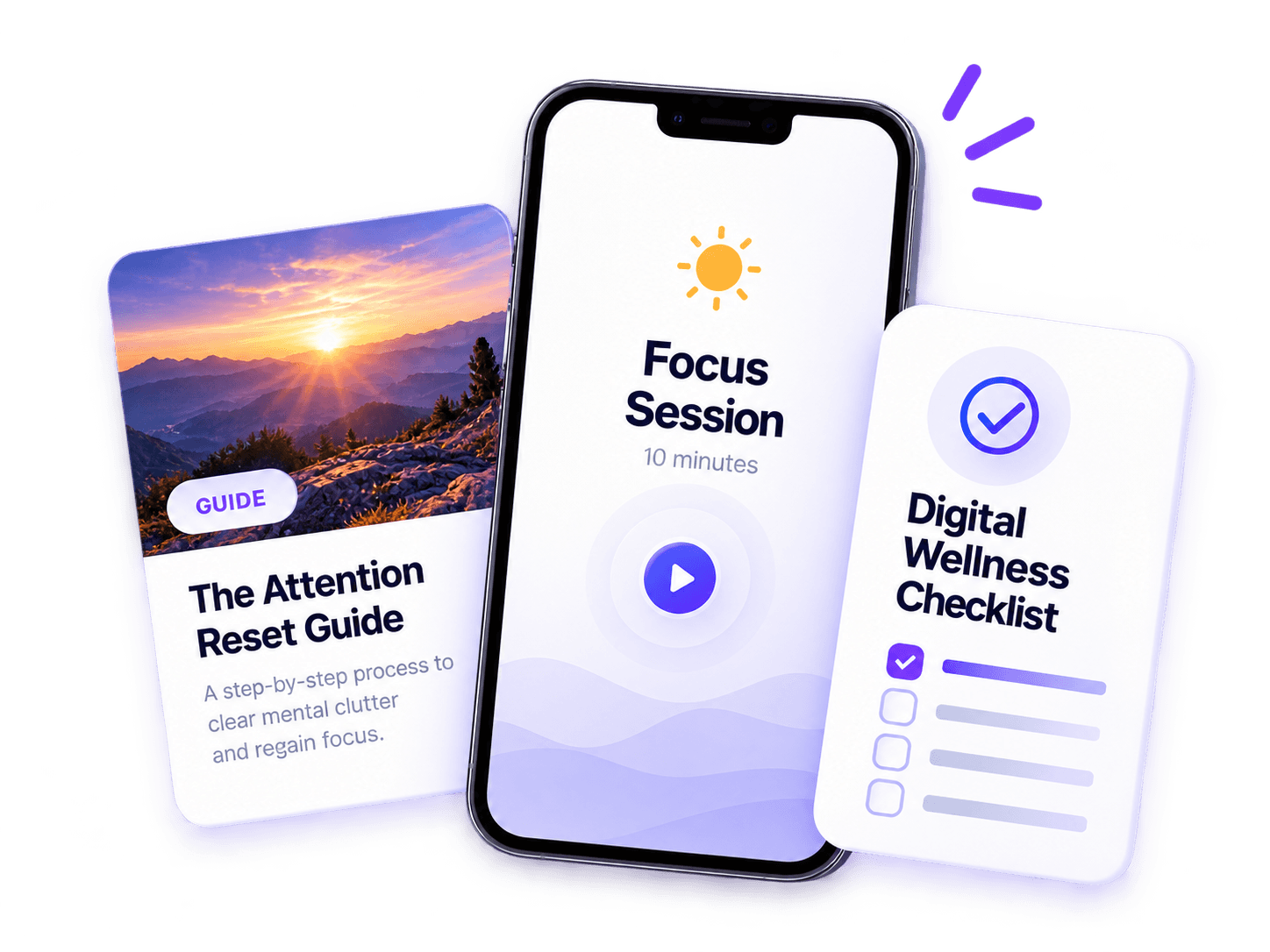 Phone showing a focus session beside practical resource guide cards